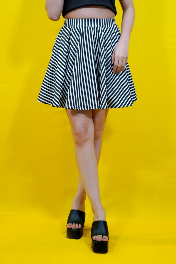 Black::White_Striped_Lycra_Blend_Flared_Mini/Short__Regular_Skirt_For_Women