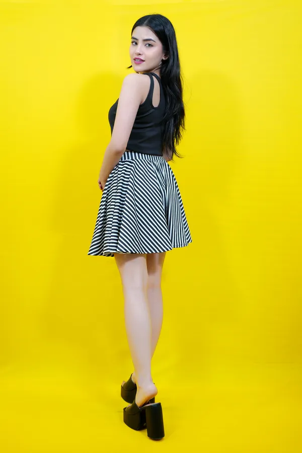Black::White_Striped_Lycra_Blend_Flared_Mini/Short__Regular_Skirt_For_Women