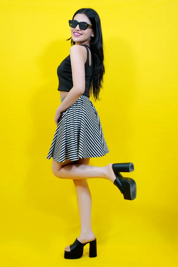 Black::White_Striped_Lycra_Blend_Flared_Mini/Short__Regular_Skirt_For_Women