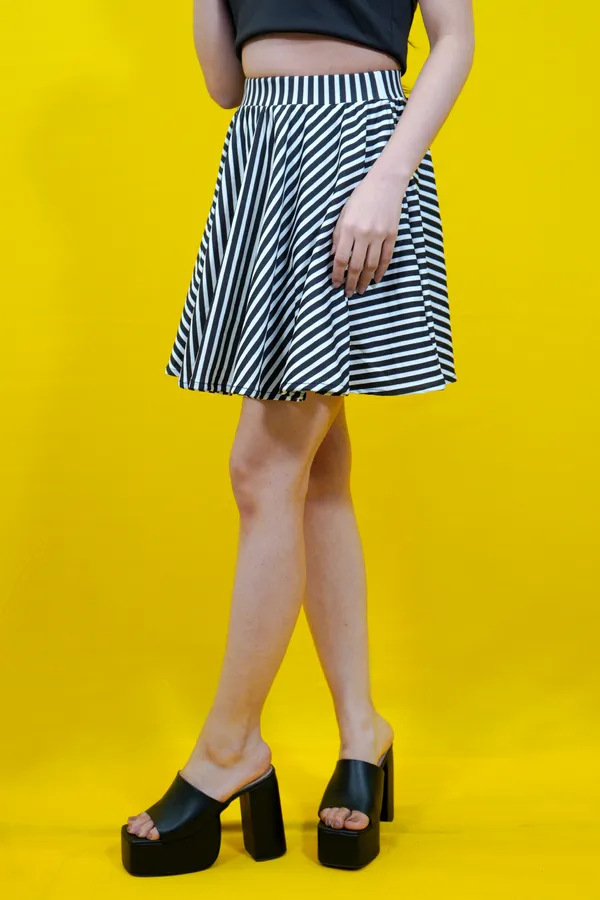 Black::White_Striped_Lycra_Blend_Flared_Mini/Short__Regular_Skirt_For_Women