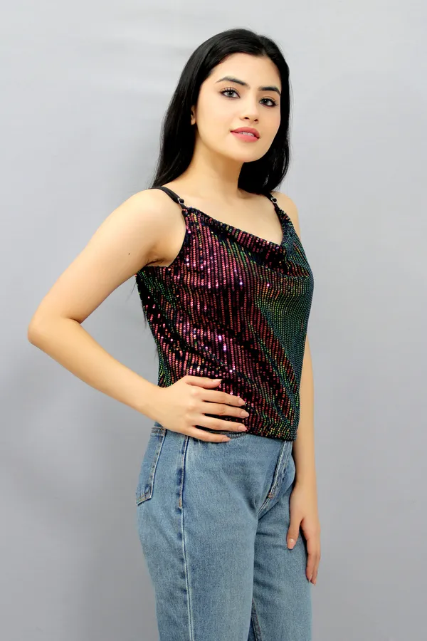 Party_Noodle_Straps_Embellished_Women_Maroon,_Black,_Green_Top