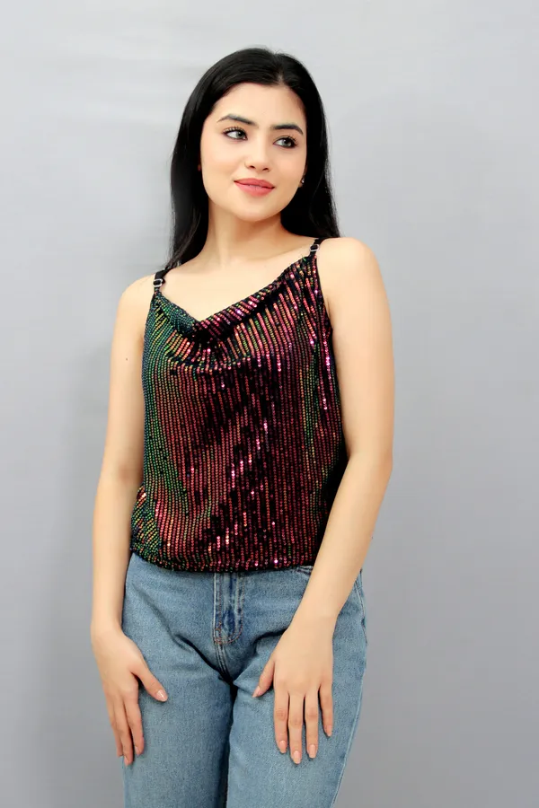 Party_Noodle_Straps_Embellished_Women_Maroon,_Black,_Green_Top