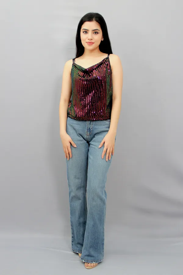 Party_Noodle_Straps_Embellished_Women_Maroon,_Black,_Green_Top