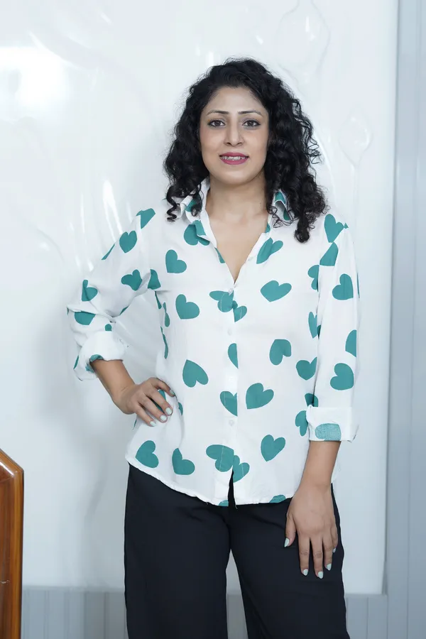 White_Rayon_Women_Summer_Shirt_With_Printed_Green_Hearts