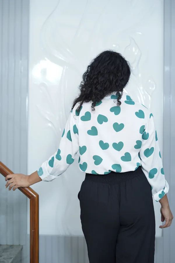 White_Rayon_Women_Summer_Shirt_With_Printed_Green_Hearts