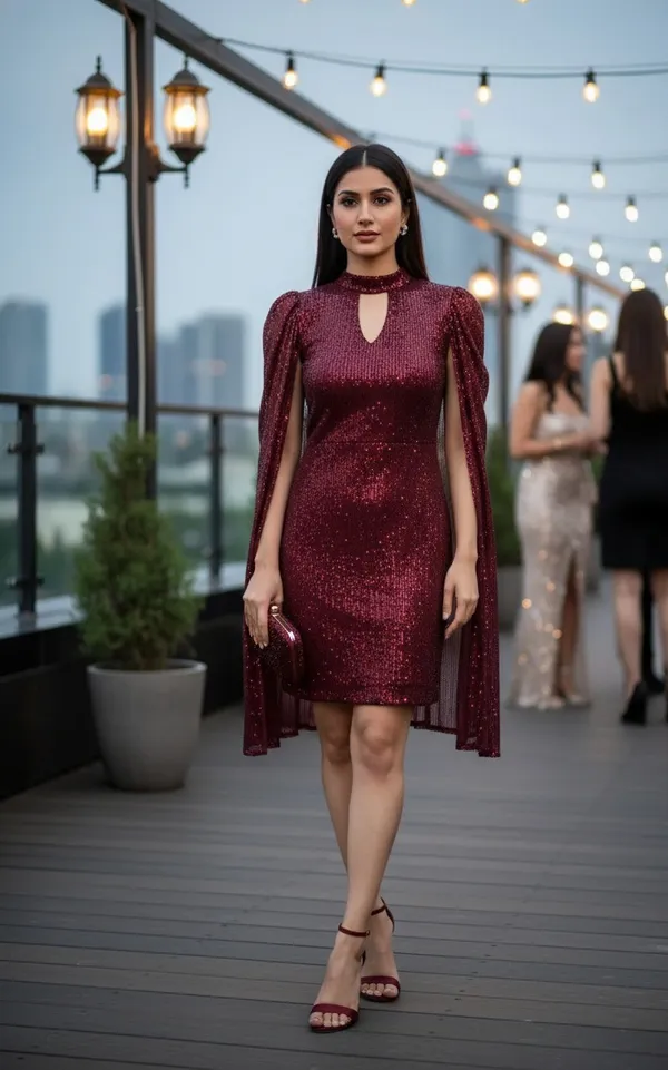 Maroon_Sequin_Cape_Sleeves_Party_Dress