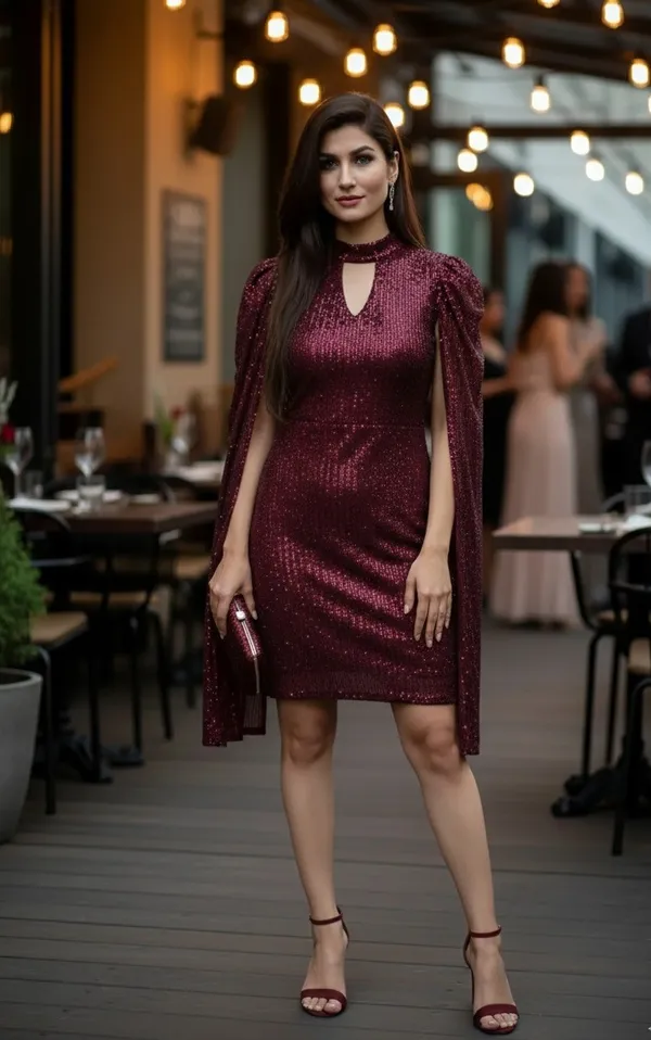 Maroon_Sequin_Cape_Sleeves_Party_Dress