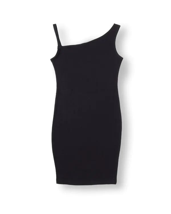 Black_Solid_Rib_Casual_Dress_For_Girls