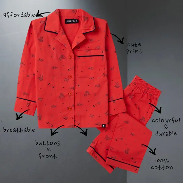 Red_Printed_Twill_Casual_Night-Suit_For_Unisex