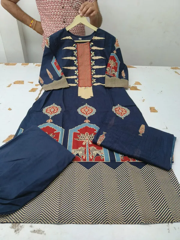 Heavy_Cotton_Embroidered_Kurti_Pant_Dupatta_Set_with_Discharge_Print