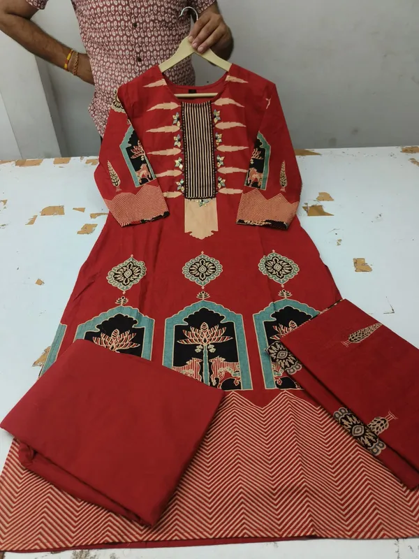 Heavy_Cotton_Embroidered_Kurti_Pant_Dupatta_Set_with_Discharge_Print