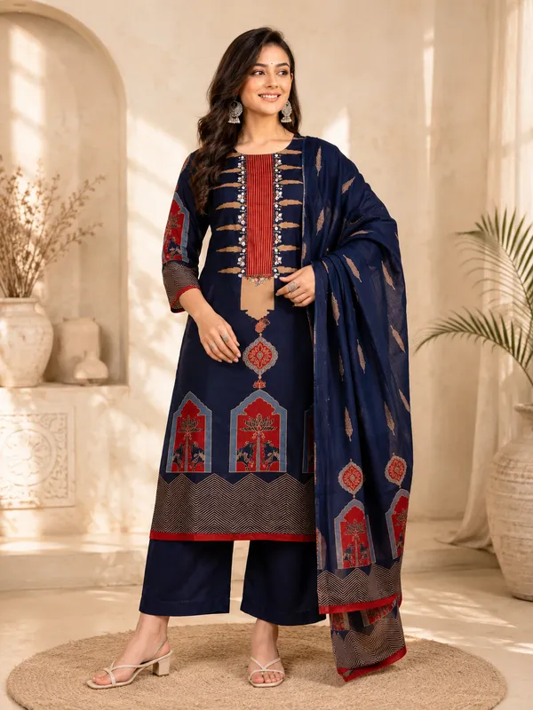 Heavy_Cotton_Embroidered_Kurti_Pant_Dupatta_Set_with_Discharge_Print
