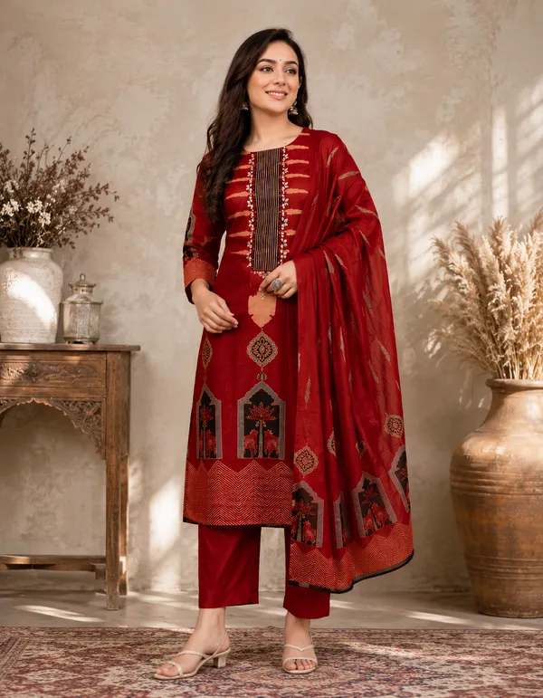 Heavy_Cotton_Embroidered_Kurti_Pant_Dupatta_Set_with_Discharge_Print
