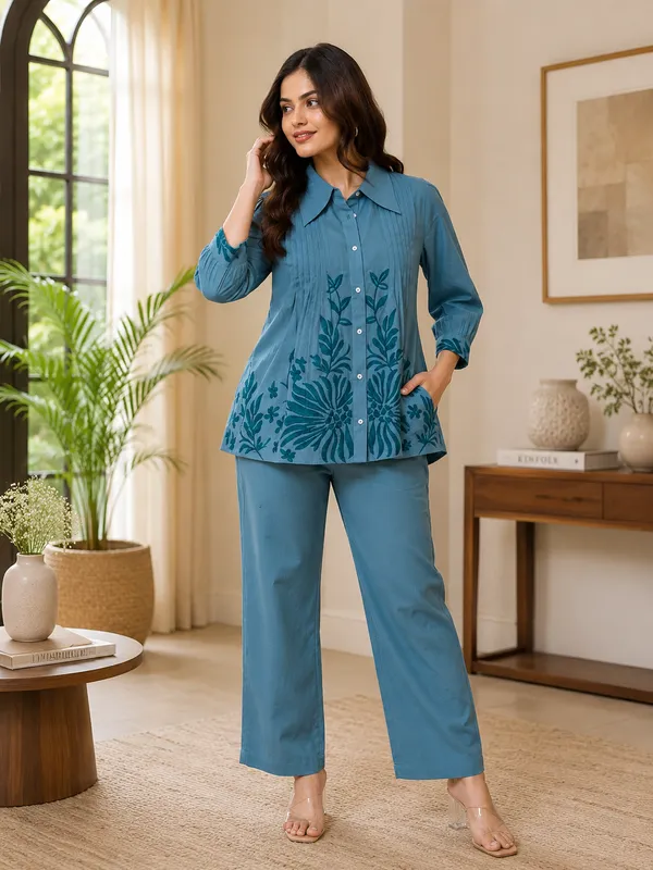 Trending_Embroidered_Cotton_Slub_Co-Ord_Set_with_Collared_Top_and_Palazzo_Pants