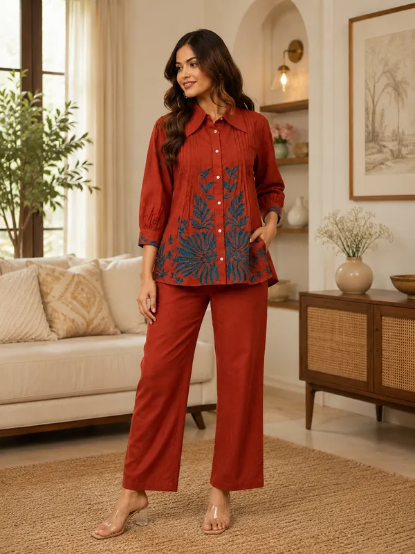 Trending_Embroidered_Cotton_Slub_Co-Ord_Set_with_Collared_Top_and_Palazzo_Pants