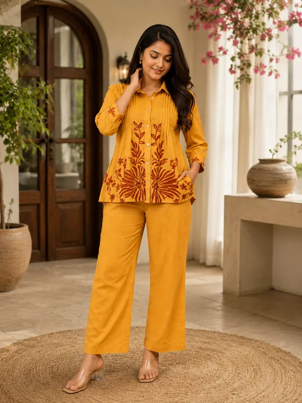 Trending_Embroidered_Cotton_Slub_Co-Ord_Set_with_Collared_Top_and_Palazzo_Pants