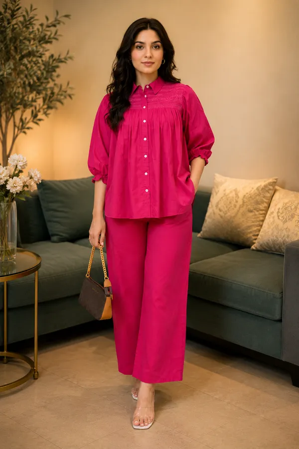 Hot_Pink_cotton_co-ord_set_with_intricate_embroidery_detailing_and_contemporary_comfort