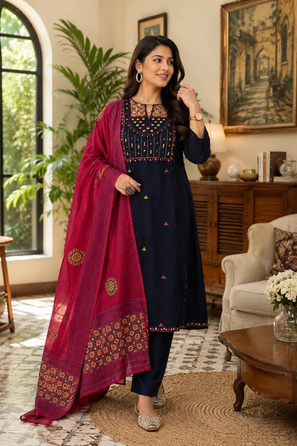 Women_Cotton_Embroidered_Mirror_Work_Kurta_Pant_Dupatta_Set