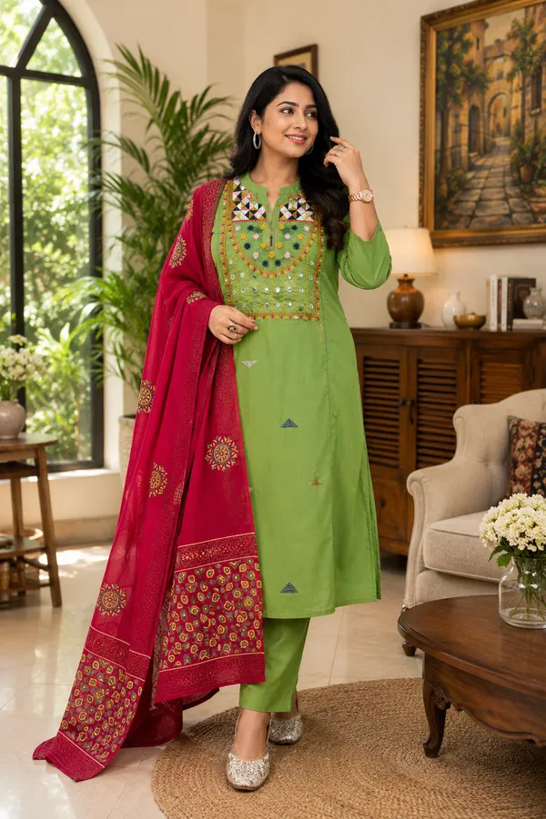 Women_Cotton_Embroidered_Mirror_Work_Kurta_Pant_Dupatta_Set