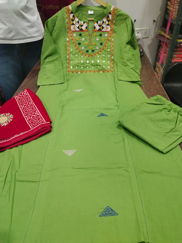 Women_Cotton_Embroidered_Mirror_Work_Kurta_Pant_Dupatta_Set