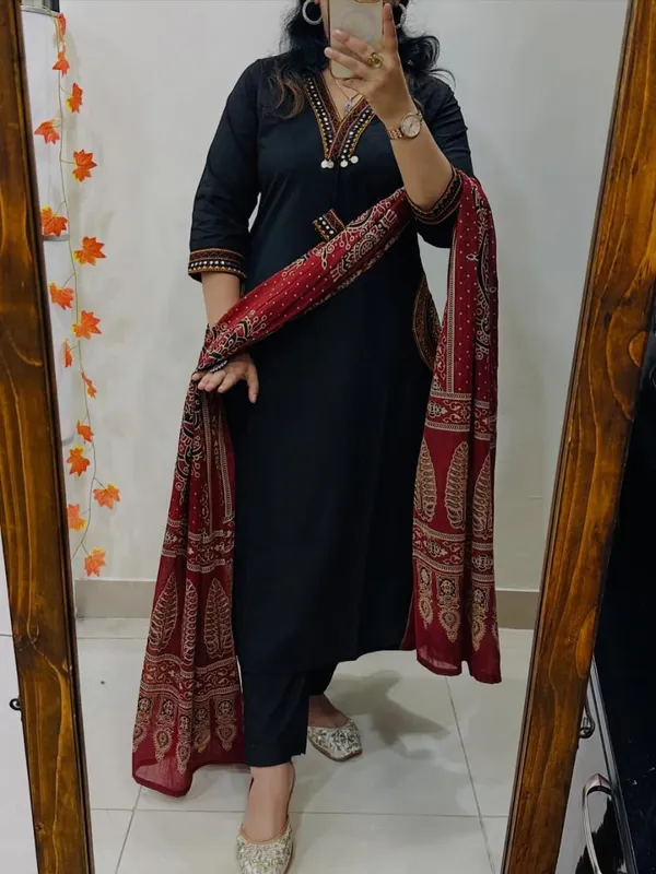 Women_Premium_Cotton_Kurta_Pant_Dupatta_Set_with_EmbroideBLK_Yoke_and_Ajrakh_Dupatta