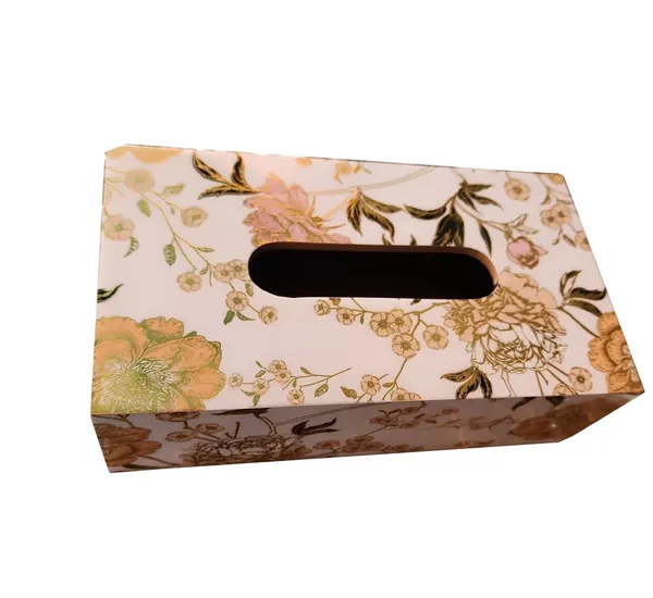 White_Flower_Wooden_Tissue_Box_|_Handcrafted_Decorative_Tissue_Holder_With_Gold_Floral_Accents_For_Home,_Office,_Or_Hotel_|_Stylish_And_Functional_(White_Flower)