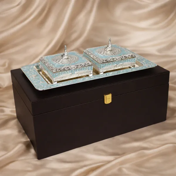Pack_of_3_Royal_Peacock_German_Silver_Dry_Fruit_Serving_Set_-_2_Dryfruit_Boxes_Plus_1_Tray