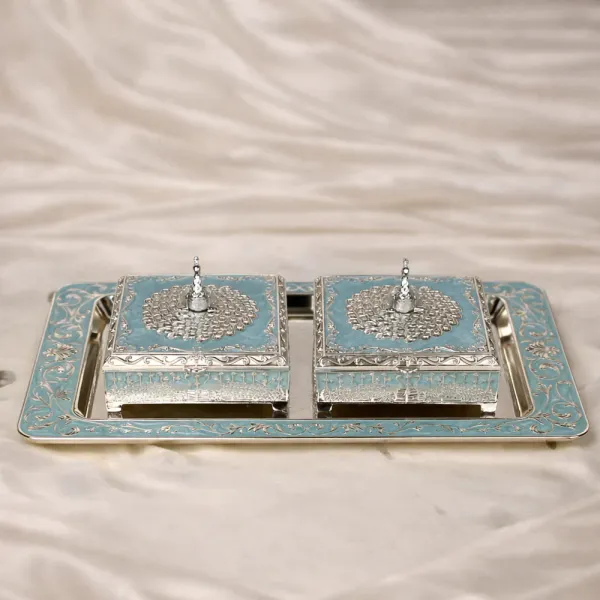 Pack_of_3_Royal_Peacock_German_Silver_Dry_Fruit_Serving_Set_-_2_Dryfruit_Boxes_Plus_1_Tray