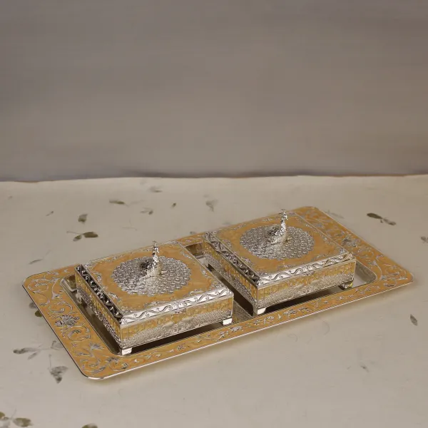 Pack_of_3_Royal_Peacock_German_Silver_Dry_Fruit_Serving_Set_-_2_Dryfruit_Boxes_Plus_1_Tray