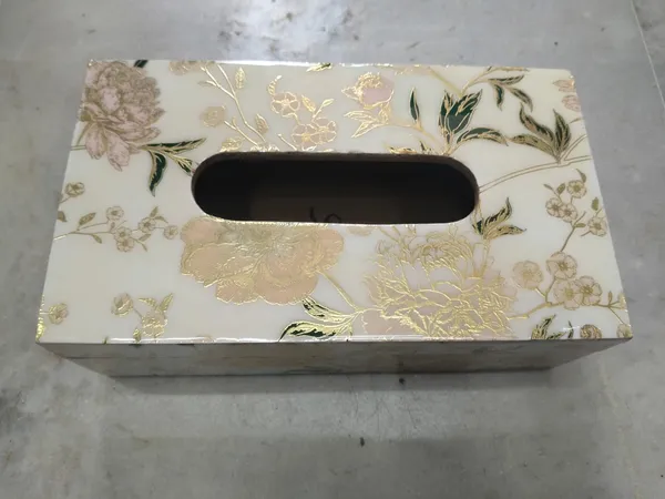 White_Flower_Wooden_Tissue_Box_|_Handcrafted_Decorative_Tissue_Holder_With_Gold_Floral_Accents_For_Home,_Office,_Or_Hotel_|_Stylish_And_Functional_(White_Flower)