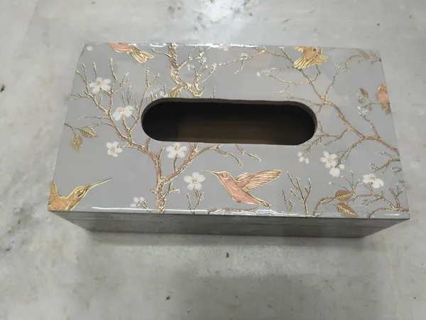White_Flower_Wooden_Tissue_Box_|_Handcrafted_Decorative_Tissue_Holder_With_Gold_Floral_Accents_For_Home,_Office,_Or_Hotel_|_Stylish_And_Functional_(White_Flower)