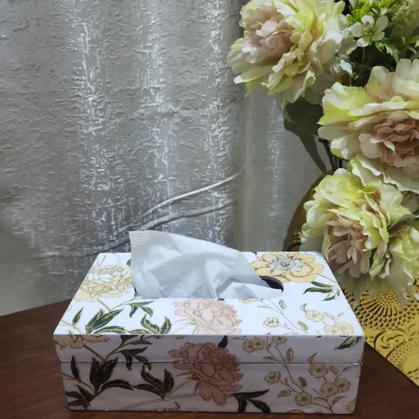 White_Flower_Wooden_Tissue_Box_|_Handcrafted_Decorative_Tissue_Holder_With_Gold_Floral_Accents_For_Home,_Office,_Or_Hotel_|_Stylish_And_Functional_(White_Flower)
