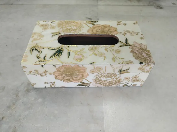 White_Flower_Wooden_Tissue_Box_|_Handcrafted_Decorative_Tissue_Holder_With_Gold_Floral_Accents_For_Home,_Office,_Or_Hotel_|_Stylish_And_Functional_(White_Flower)