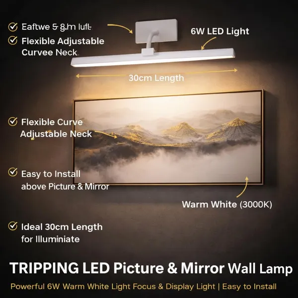 Tripping_6_Watt_Single_Light_Color_Warm_White_Light_Led_Display_Adjustable_Up_N_Down_Curve_Flexible_Neck_Wall_Lamp_Picture_Mirror_Spot_Focus_30cm_Length_15cm_Thickness_Easy_Installation