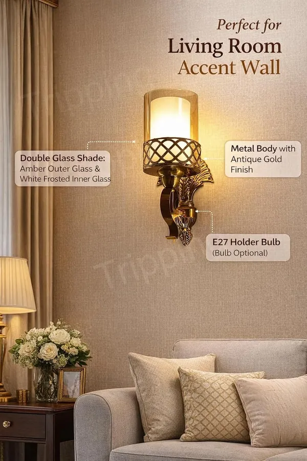 Tripping_Antique_Gold_Metal_Wall_Lamp_With_Double_Glass_Shade_Amber_Outer_Glass_White_Milky_Frosted_Inner_Glass_E27_Holder_Decorative_Wall_Light_For_Living_Room_Bedroom_Hotel