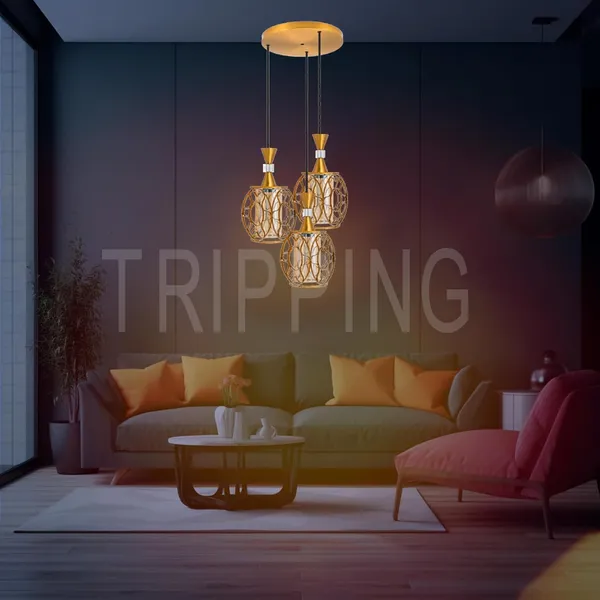 Golden_Decorative_3-Light_Pendant_Lamp_With_Amber_Glass_Shades