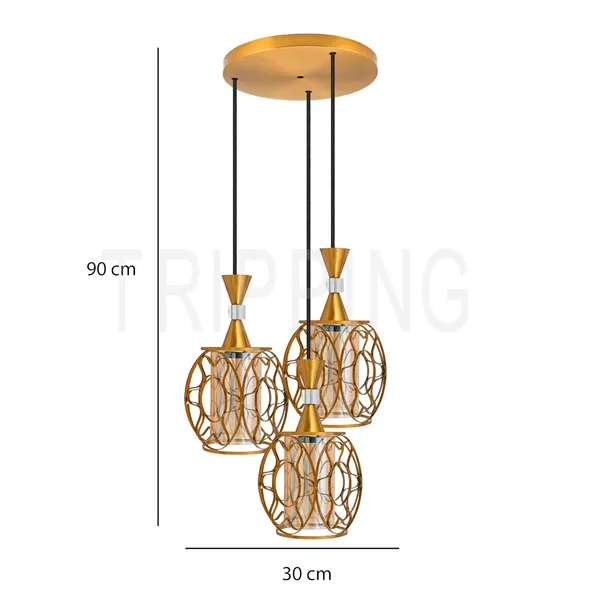 Golden_Decorative_3-Light_Pendant_Lamp_With_Amber_Glass_Shades