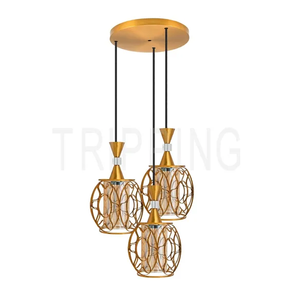 Golden_Decorative_3-Light_Pendant_Lamp_With_Amber_Glass_Shades