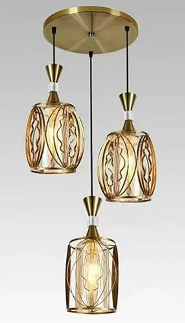 Golden_Decorative_3-Light_Pendant_Lamp_With_Amber_Glass_Shades