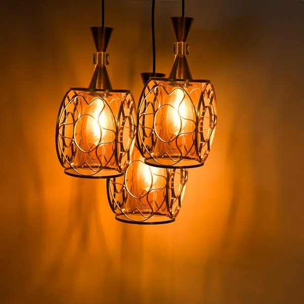 Golden_Decorative_3-Light_Pendant_Lamp_With_Amber_Glass_Shades