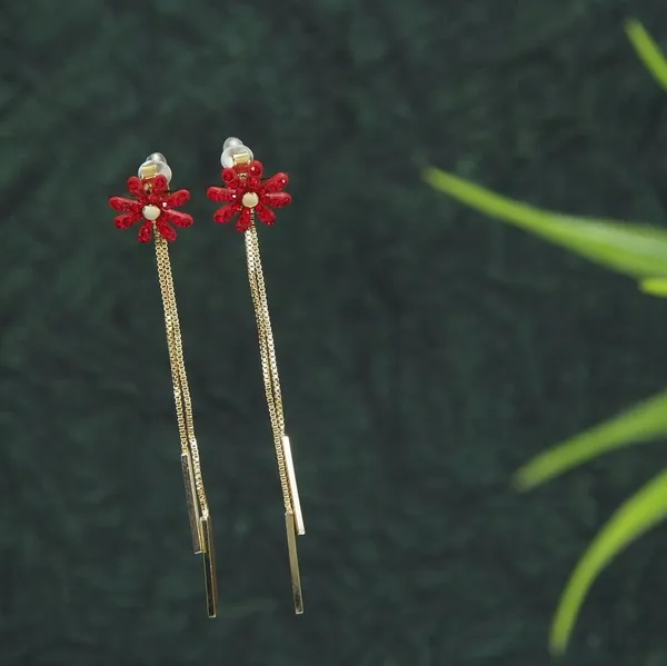 Korean_Gold_Plated_Red_Coloured_Floral_Chain_Earring__4647_For_Women_&_Girls