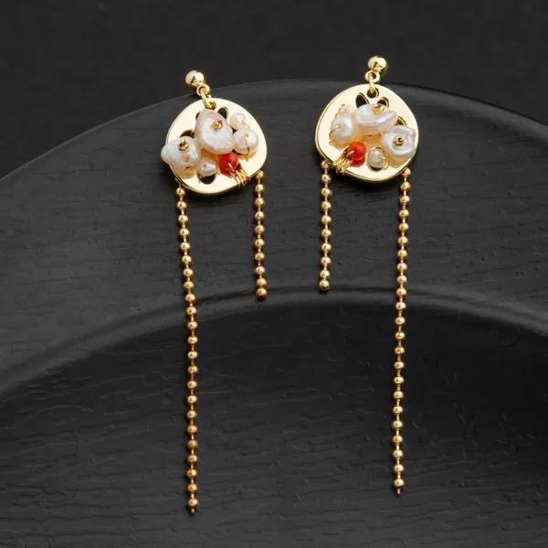 24_Carat_Guaranteed_Gold_Plated_Hollow_Design_Wire_Wrapped_Freshwater_Natural_Cultural_Pearl_Beads_Fashion_Hanging_Chain_Fashion_Drop_Earring-_PER_2133_For_Women_&_Girls