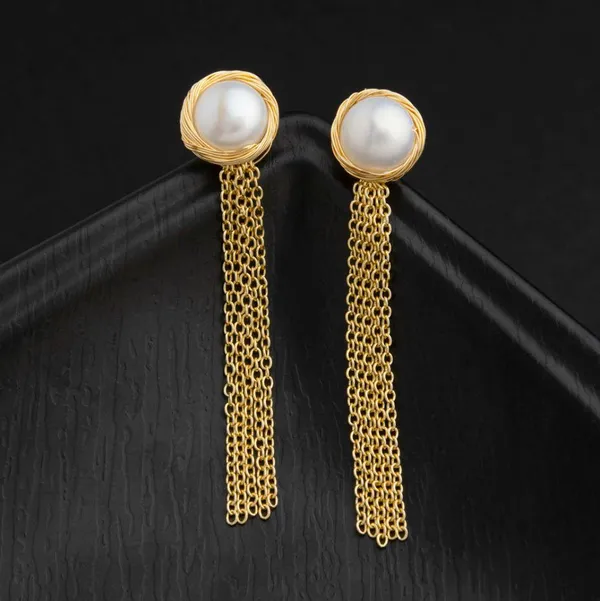 24_Carat_Guaranteed_Gold_Plated_Wire_Wrapped_Freshwater_Natural_Cultural_Pearl_With_Hanging_Chain_Fashion_Drop_Earring__For_Women_&_Girls
