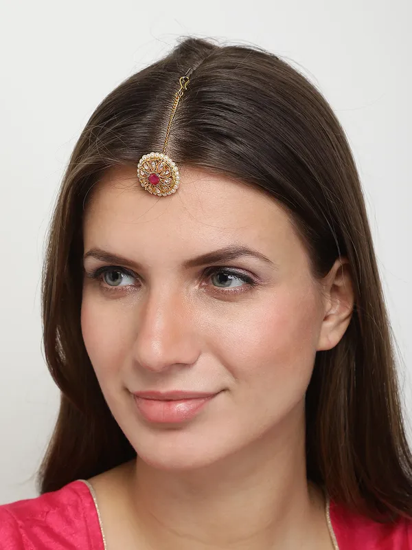Gold_Plated_Ruby_Rajasthani_Borla_Maang_Tikka_For_Women_For_Women_&_Girls