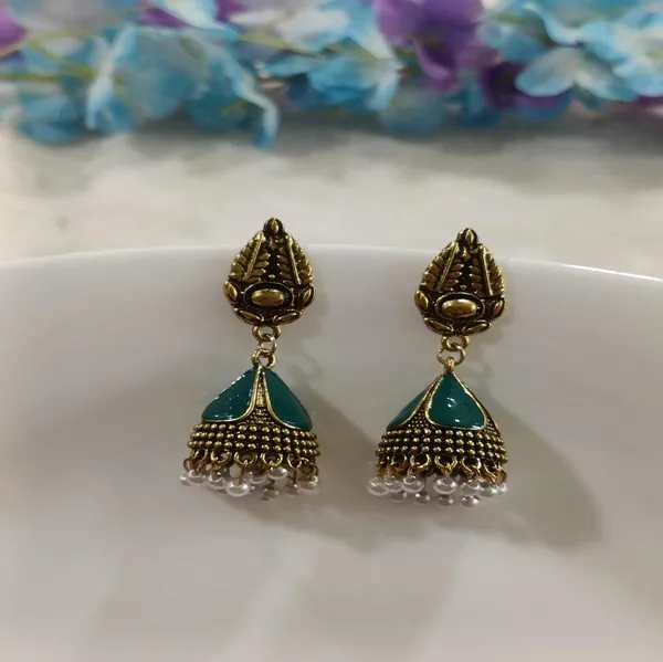 Antique_Gold_Plated_Green_Enamel_White_Pearl_Jhumka_Earring_For_Women_&_Girls