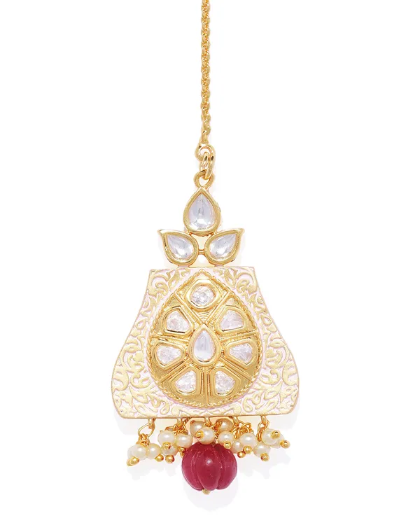 Gold_Plated_Pastel_Pink_Enamel_And_Kundan_Maang_Tika_For_Women_&_Girls