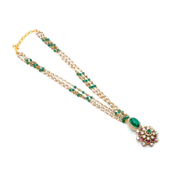 GoldPlated_Multistrand_Beaded_Necklace_Set_with_Floral_Pendant_and_Earrings_For_Women_&_Girls