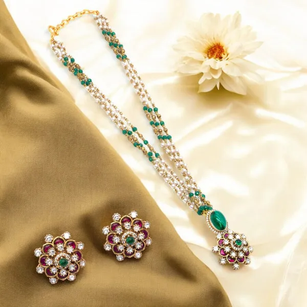 GoldPlated_Multistrand_Beaded_Necklace_Set_with_Floral_Pendant_and_Earrings_For_Women_&_Girls
