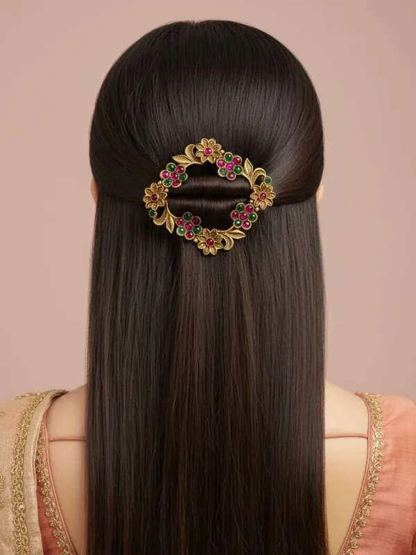 JWELLA_Gold-Plated_Floral_Hair_Clip_with_Pink_&_Green_Stones_Antique-Finish_Wedding_&_Party_Accessory