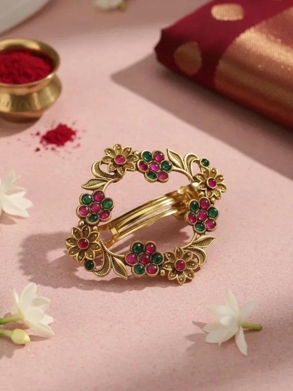 JWELLA_Gold-Plated_Floral_Hair_Clip_with_Pink_&_Green_Stones_Antique-Finish_Wedding_&_Party_Accessory